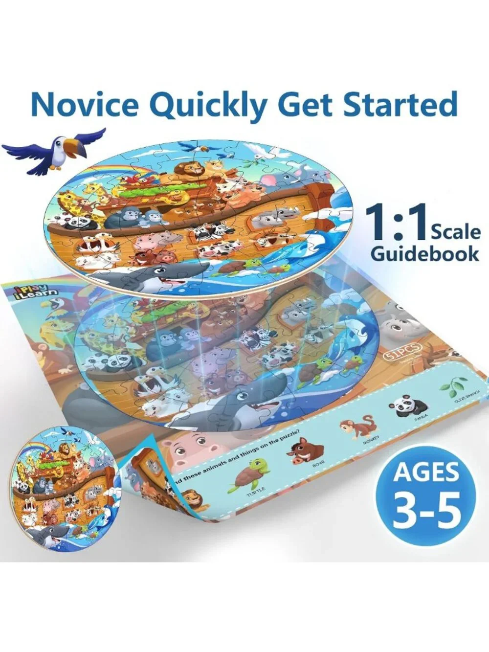 Noah's Ark Wooden Animal Puzzles for Toddlers - 51-Piece Educational Floor